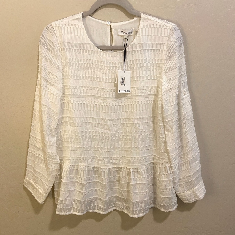 NWT Calvin Klein Women's White Textured Ruffle Blouse Top Size XS Smart Casual